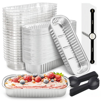 Mini Cake Pans 100 Pack with Lids and Spoons Aluminum Foil Rectangular Disposable Baking Pans 6.8oz for Cheesecake Desserts Gifts Party Catering 6 Colors
