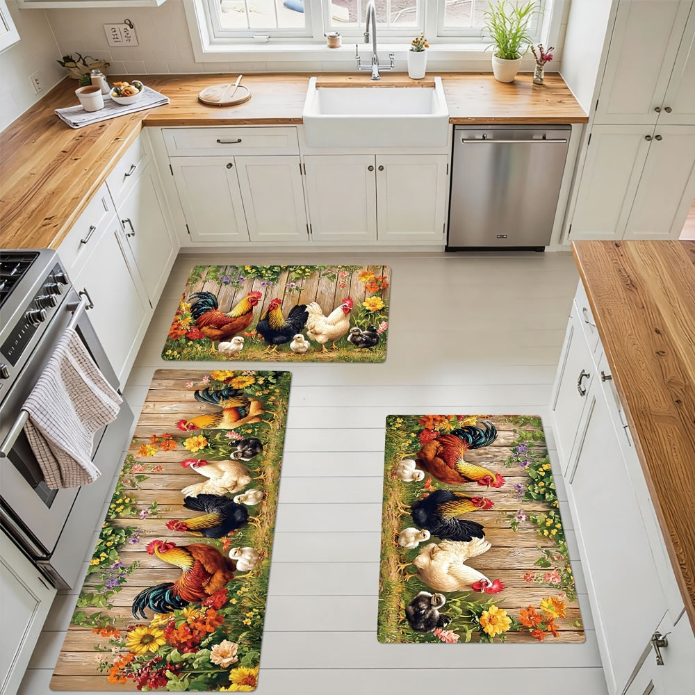 Rooster Farmhouse Kitchen Rugs in Round, Runner and 1- to 4-Piece Mat Set Size Options for Floors