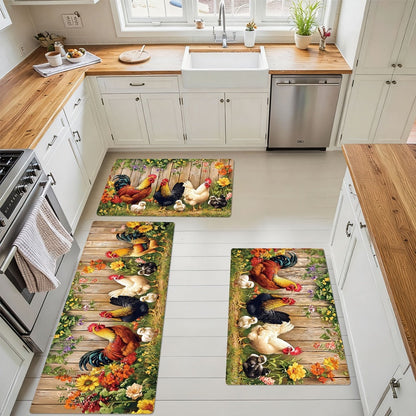 Rooster Farmhouse Kitchen Rugs in Round, Runner and 1- to 4-Piece Mat Set Size Options for Floors