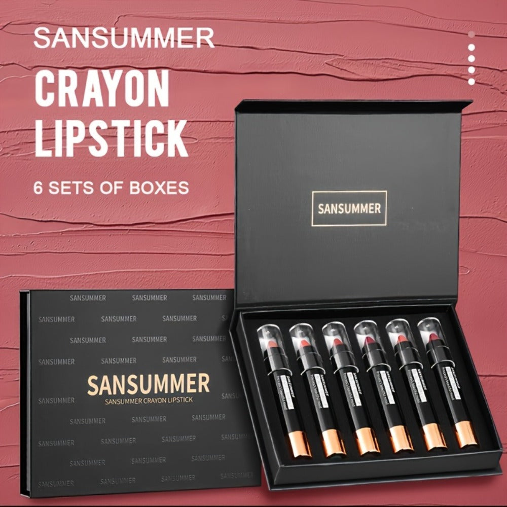 Matte Velvet Crayon Lipstick Gift Box Set 6 Shades Waterproof Long Lasting Highly Pigmented Easy Apply Twist-Up Lip Color for Women All Skin Tones Daily Wear Travel & Gifting