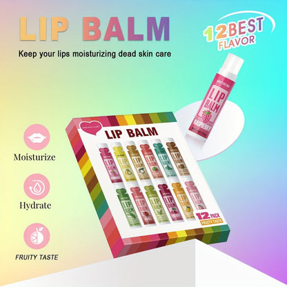 12-Piece Tube Lip Balm Set with 12 Pictured Fruit and Botanical Flavor Labels in a Display Box