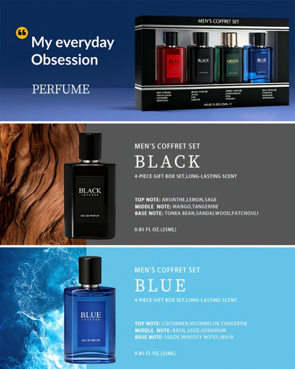EDT Cologne Gift Set for Men 4 Piece Variety 4 Different Scents Long Lasting Fragrance Mini Bottles 0.85oz Each Travel Friendly Holiday Birthday Dating Party Gift Box for Him