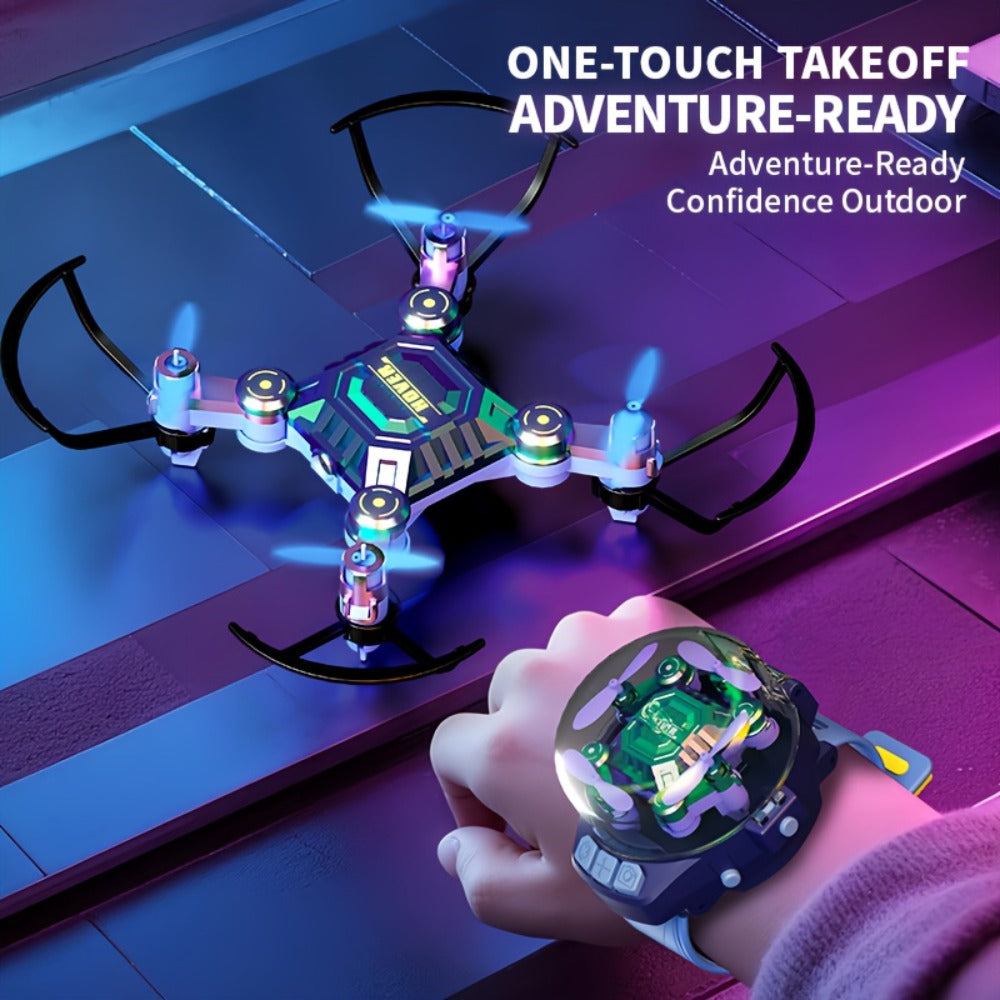 Watch-Controlled Mini RC Drone with Two Rechargeable Batteries in Blue, Green or Black for Indoor Flight