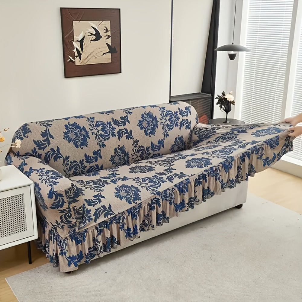 Sofa Cover Dark Blue Printed Skirt Slipcover with High-Elasticity Fiber and Anti-Slip Fixing Rods