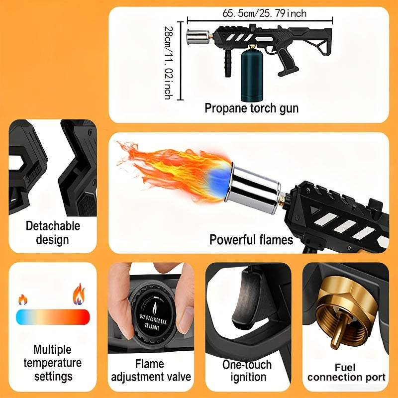 Blow Torch Gun with Detachable Design & Adjustable Flame, Propane Cooking Torch for BBQ, Searing Steak, Caramelizing, Camping, Welding & Weeding, Versatile Kitchen Flamethrower, Gold/Silver & Black (Tank Not Included)