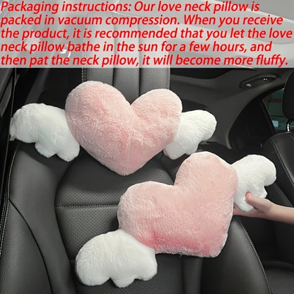 Car Headrest Neck Pillow Heart Shape with Angel Wings – Cute Plush Lumbar Cushion & Seat Back Pillow, Car Interior Decor Accessory, Gift for Women