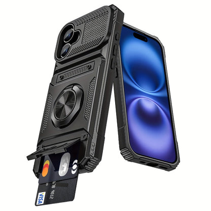 Phone Case Dual-Card Hard Shell Cover with 360° Metal Ring Kickstand for Select iPhone 7–17 Models