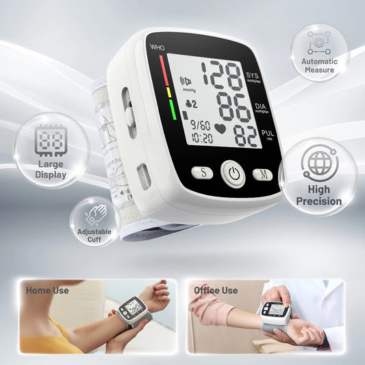Wrist Blood Pressure Monitor Rechargeable - Digital BP Monitor with Large LCD, Voice Broadcast, 2×99 Memory & USB Charging, Portable Wrist Cuff for Home & Travel, Optional Bundle with Pulse Oximeter