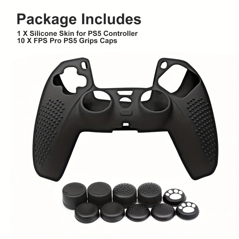 Silicone Controller Cover for PS5 DualSense with Ten Thumb Grip Caps and Pictured Cutout Layout