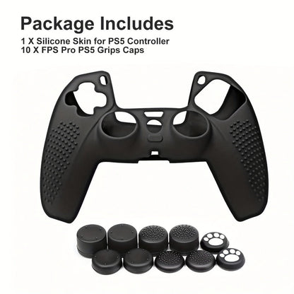 Silicone Controller Cover for PS5 DualSense with Ten Thumb Grip Caps and Pictured Cutout Layout