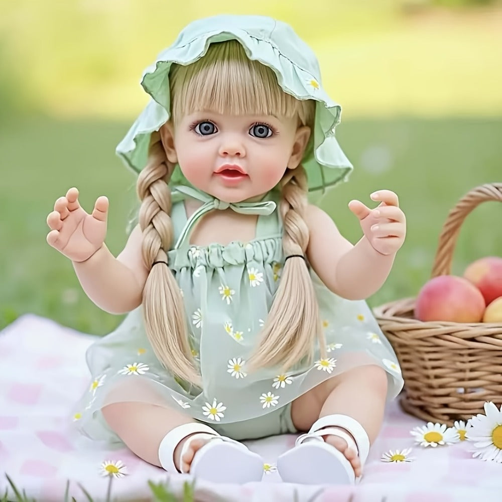 Reborn Baby Doll 22-Inch Full Vinyl Design with Long Blonde Hair, Open Eyes, Green Outfit and Accessories
