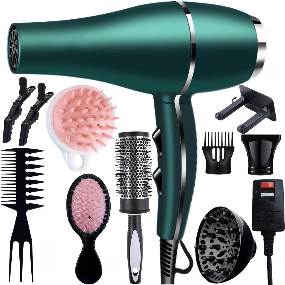 Brushless Motor Hair Dryer Set with Accessories - Professional Blow Dryer Kit Concentrator Nozzle Comb Clips 2 Modes 3 Speeds Ionic Anti-Frizz Home Salon Travel Black White Blue Green