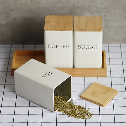 Three Rectangular Metal Canisters for Coffee, Tea and Sugar with Wood-Tone Lids in Black or White