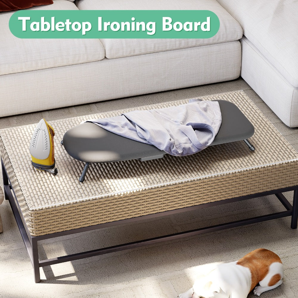 Compact Tabletop Ironing Board with Fold-Out Iron Holder in Blue, Pink or Black Cover Options