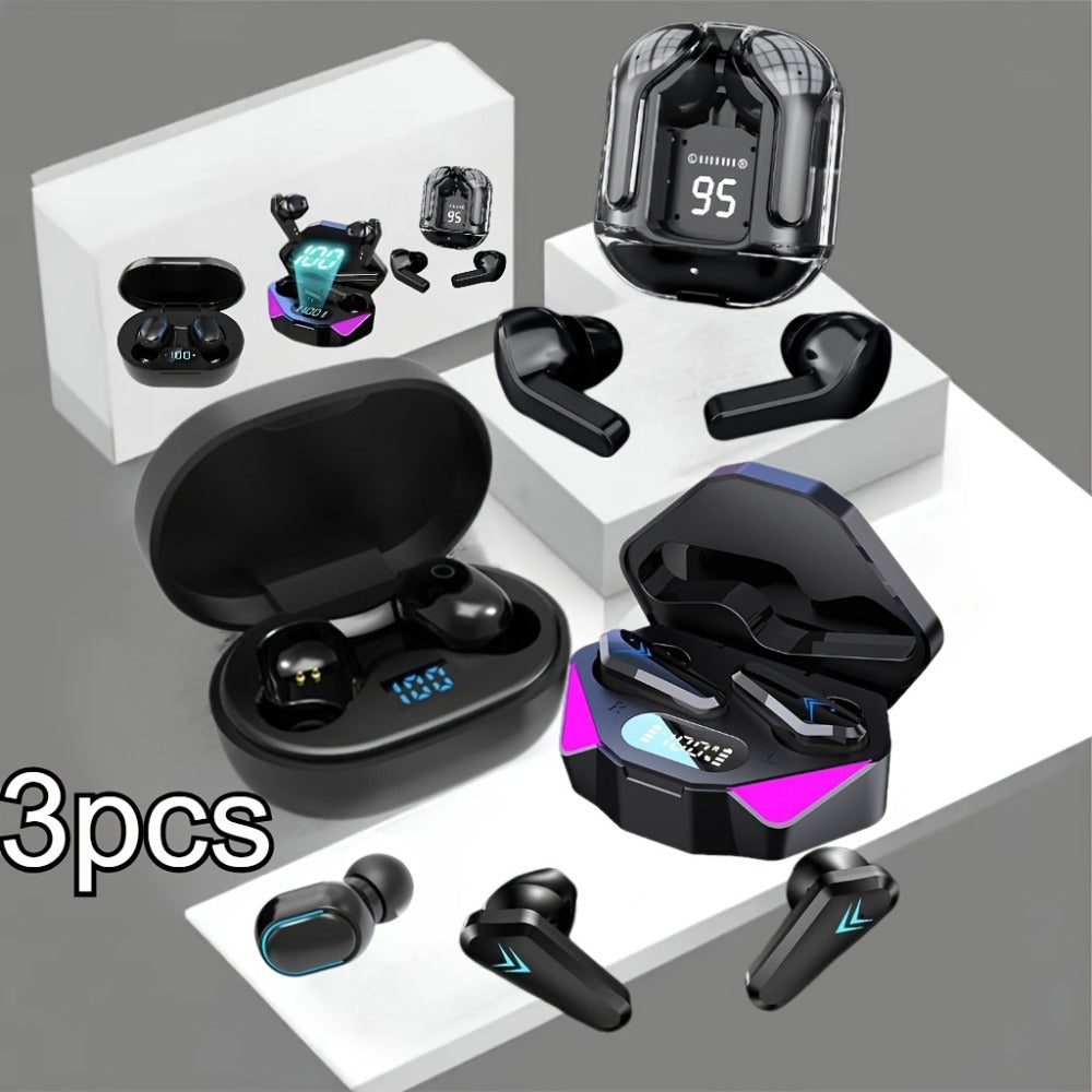 Three-Pair Assorted TWS Wireless Earbuds Bundle with Mixed Charging Cases in Set A or Model B