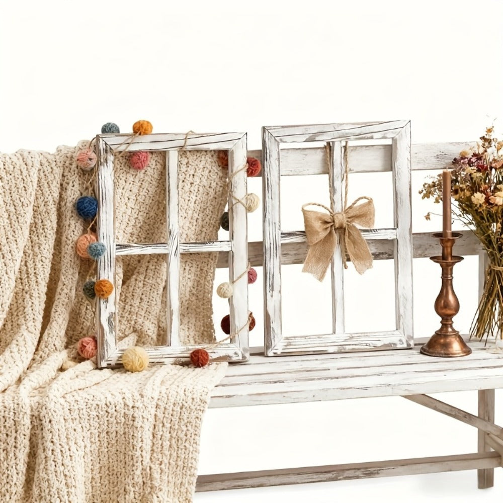 Distressed Wood Window Frame Wall Decor, Two-Piece Set in Rectangular or Arched Styles without Glass