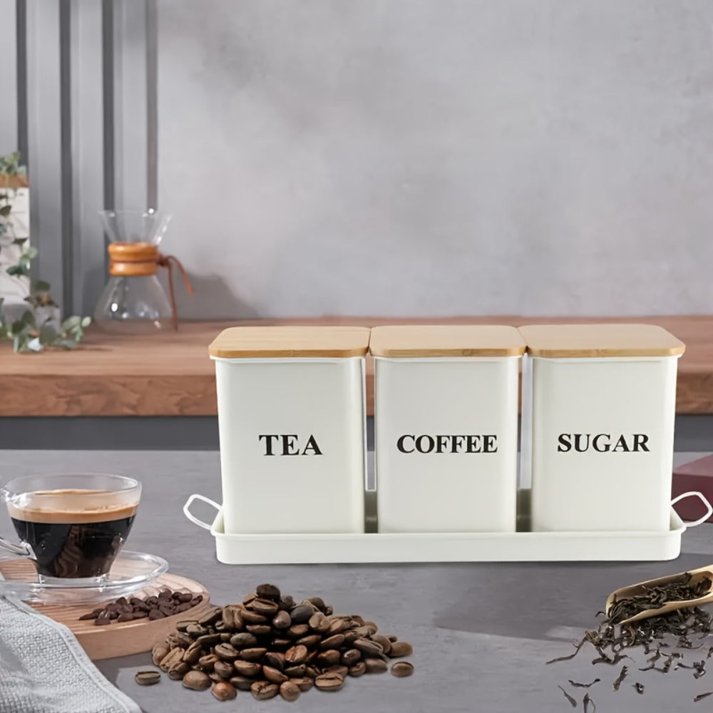 Three Rectangular Metal Canisters for Coffee, Tea and Sugar with Wood-Tone Lids in Black or White
