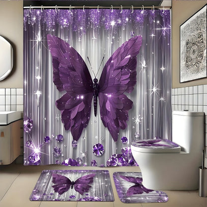 Shower Curtain Set Diamond Butterfly Print 70.8x70.8 Inch - 4 Piece Bathroom Set with U-Shape Toilet Seat Cover Non-Slip Rug 12 Hooks Machine Washable | Cyan Purple Pink | All Season Bathroom Decor