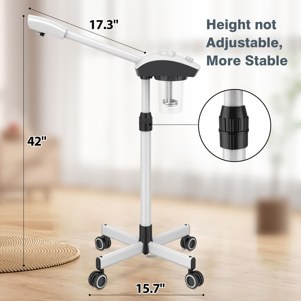 Rolling Facial Steamer with White Five-Wheel Stand, Removable 250 ml Tank and Preset Timer Controls