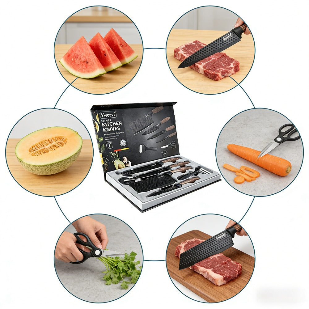 Kitchen Knife Set 3- or 7-Piece Stainless Steel with Black Handles, Sharpener and Poultry Shears Options