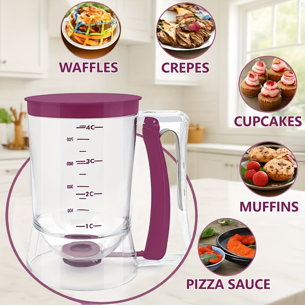 Handheld Pancake Batter Dispenser with Graduated Cup, Bottom Valve and White Cleaning Brush