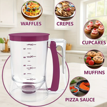 Handheld Pancake Batter Dispenser with Graduated Cup, Bottom Valve and White Cleaning Brush