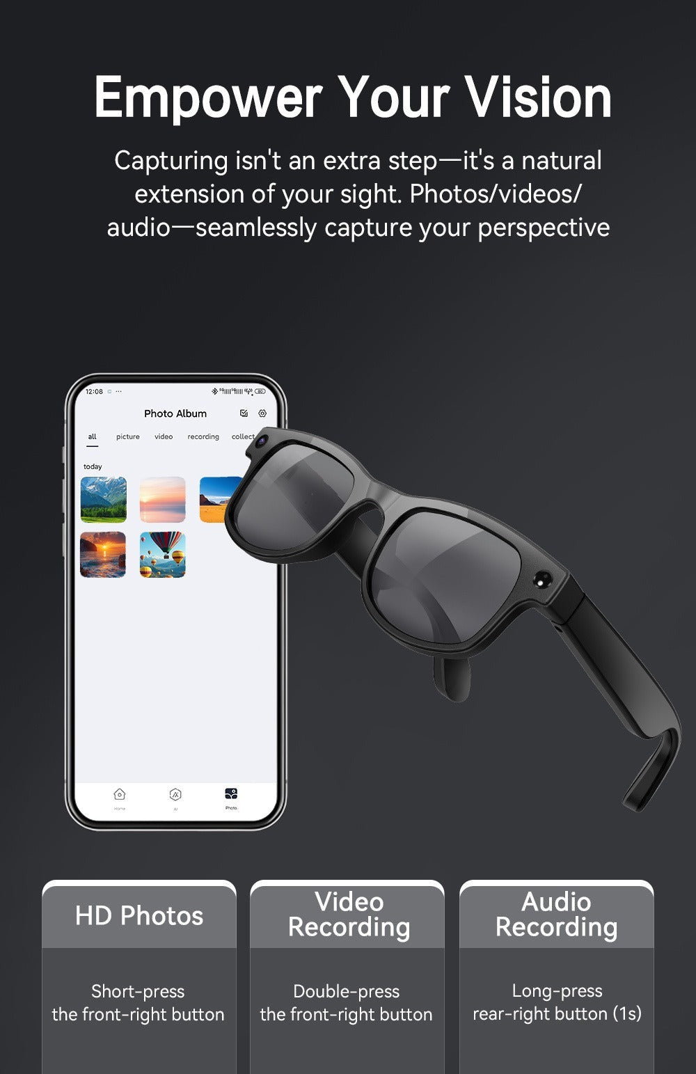 AI Smart Glasses HD Video Recording 8MP Camera - AI Object Recognition, Real-Time Translation, Touch Control, Bluetooth Calls & Music, Wearable Tech for Travel Outdoor 2026