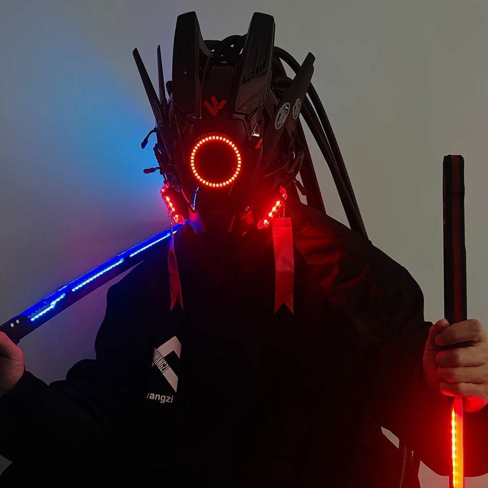 LED Braided Cyberpunk Costume Helmet with Circular Face Light and Blue, Green or Pink Accent Styles