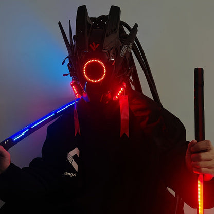 LED Braided Cyberpunk Costume Helmet with Circular Face Light and Blue, Green or Pink Accent Styles