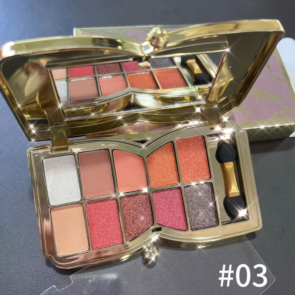 Eyeshadow Palette 10-Shade Gold Bow Compact with Mirror, Dual-Ended Applicator and Three Color Options