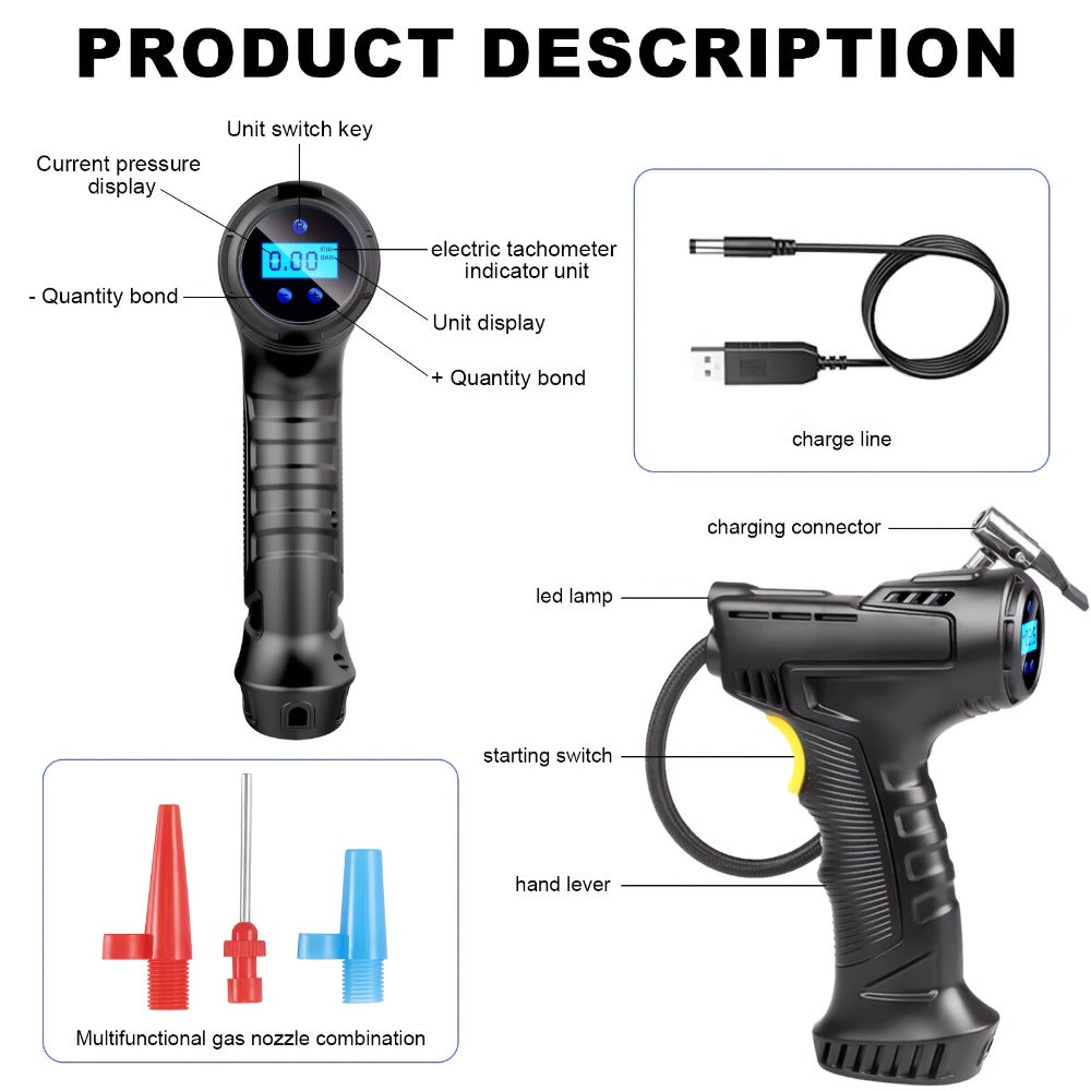 Portable Air Compressor 5200mAh – Wireless Rechargeable Tire Inflator with Digital Pressure Gauge for Car, Bicycle & Ball, Auto Shut-Off, USB Charging, Compact Cordless Air Pump