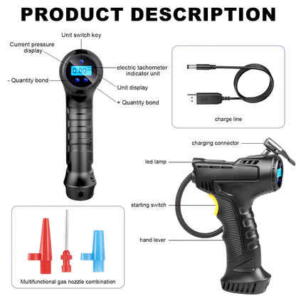 Portable Air Compressor 5200mAh – Wireless Rechargeable Tire Inflator with Digital Pressure Gauge for Car, Bicycle & Ball, Auto Shut-Off, USB Charging, Compact Cordless Air Pump