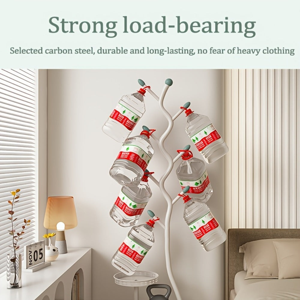 Freestanding Coat Tree with Branching Hooks, Circular Lower Shelf and White, Black or Golden Finish