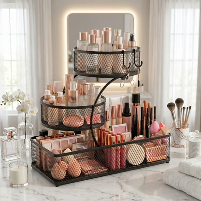 Bathroom Storage Rack 3-Tier Metal Countertop Organizer with Spray Bottle & Hooks – Rust-Resistant Diamond Mesh Shelf for Vanity, Skincare, Cosmetics & Toiletries