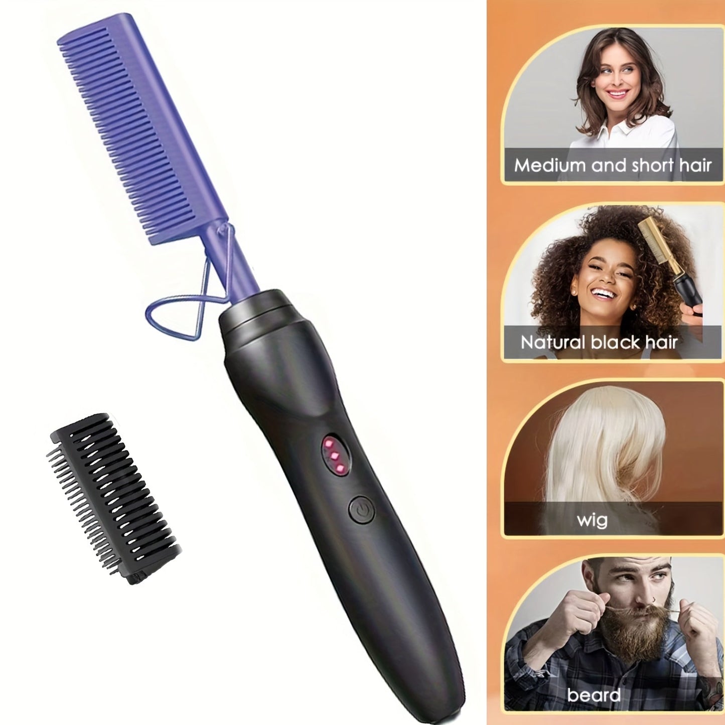 Electric Hot Comb Hair Straightener – 3-in-1 Ceramic Pressing Comb for Natural Hair, Beard & Wigs, Curling & Straightening Iron with Protective Holder, Bonus 2 Clips & 1 Comb, Gift Ready
