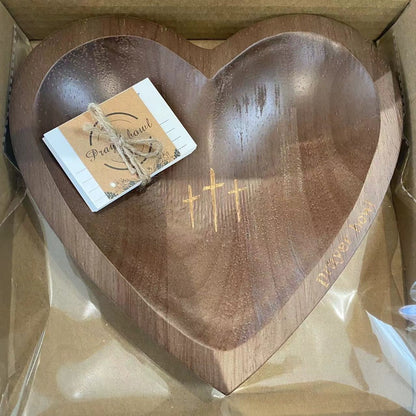Heart-Shaped Wooden Prayer Bowl Set with Cross Engraving and Twenty-Four Printed Prayer Cards