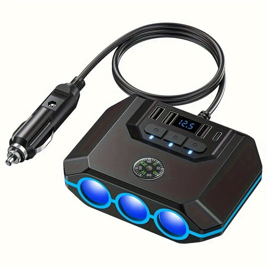 Car Cigarette Lighter Splitter 3-Socket 120W Power Outlet Adapter | QC3.0 + PD USB Ports | 12V/24V Voltage Monitor Independent Switch Car Charger Hub for SUV Truck RV Multi-Device Charging