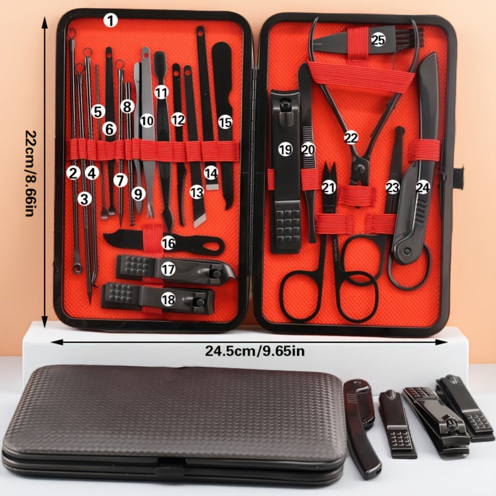 Nail Grooming Tool Case with 10-, 17- or 24-Piece Set Options and Black-and-Red Interior for Home and Travel