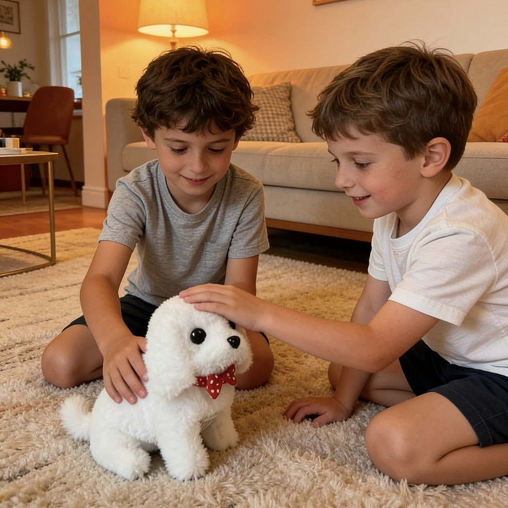 White Electronic Plush Robot Puppy Toy with Walking and Barking Box Icons in a White Gift-Box Option