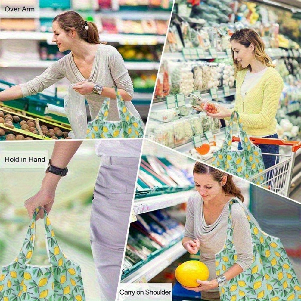 Reusable Foldable Shopping Tote Bag Set with Eight Assorted Printed Designs and Matching Zipper Pouches