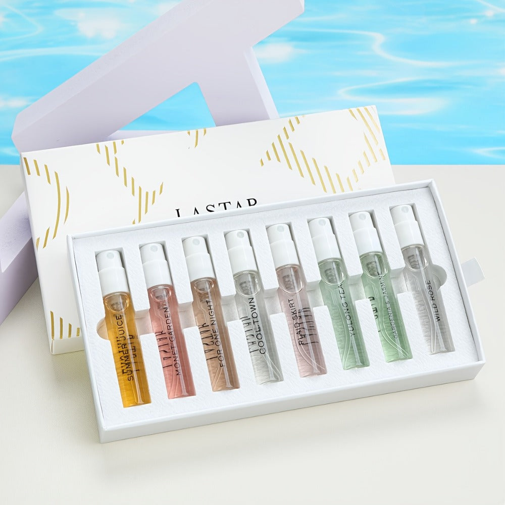 8 Piece Women's Perfume Gift Set Travel Size Mini EDT Bottles - Long Lasting Patchouli Fresh Floral Scents - Fragrance Kit for Dates Office Birthday Valentines Day