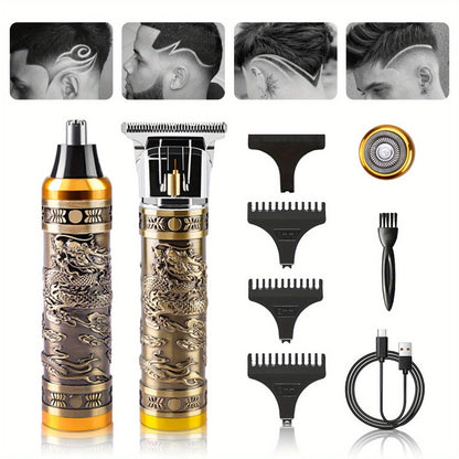 Dragon-Engraved Four-Tool Grooming Kit with Hair Clipper, Detail Trimmer, Nose Trimmer and Rotary Shaver