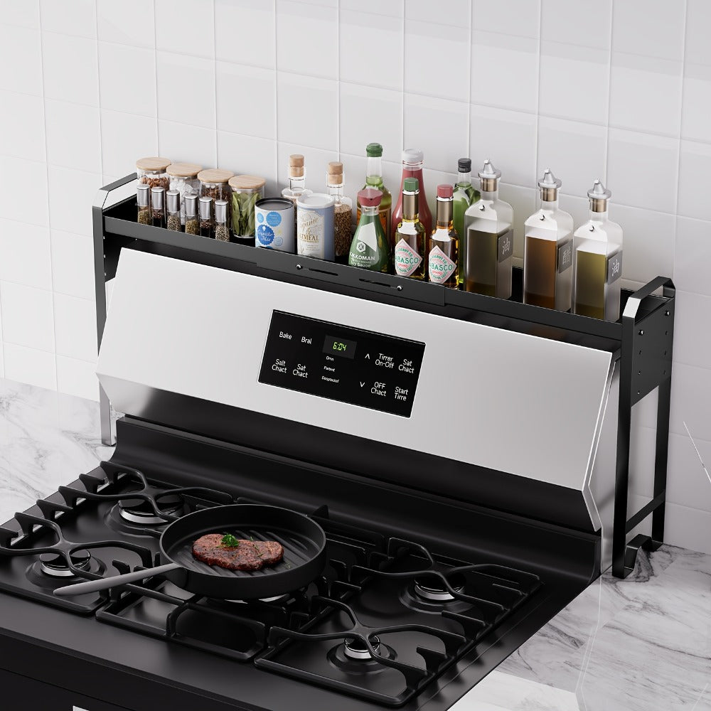 Expandable Stove Shelf Kitchen Organizer with 27.4-32.7-Inch Width, Adjustable Height and Utility Hooks