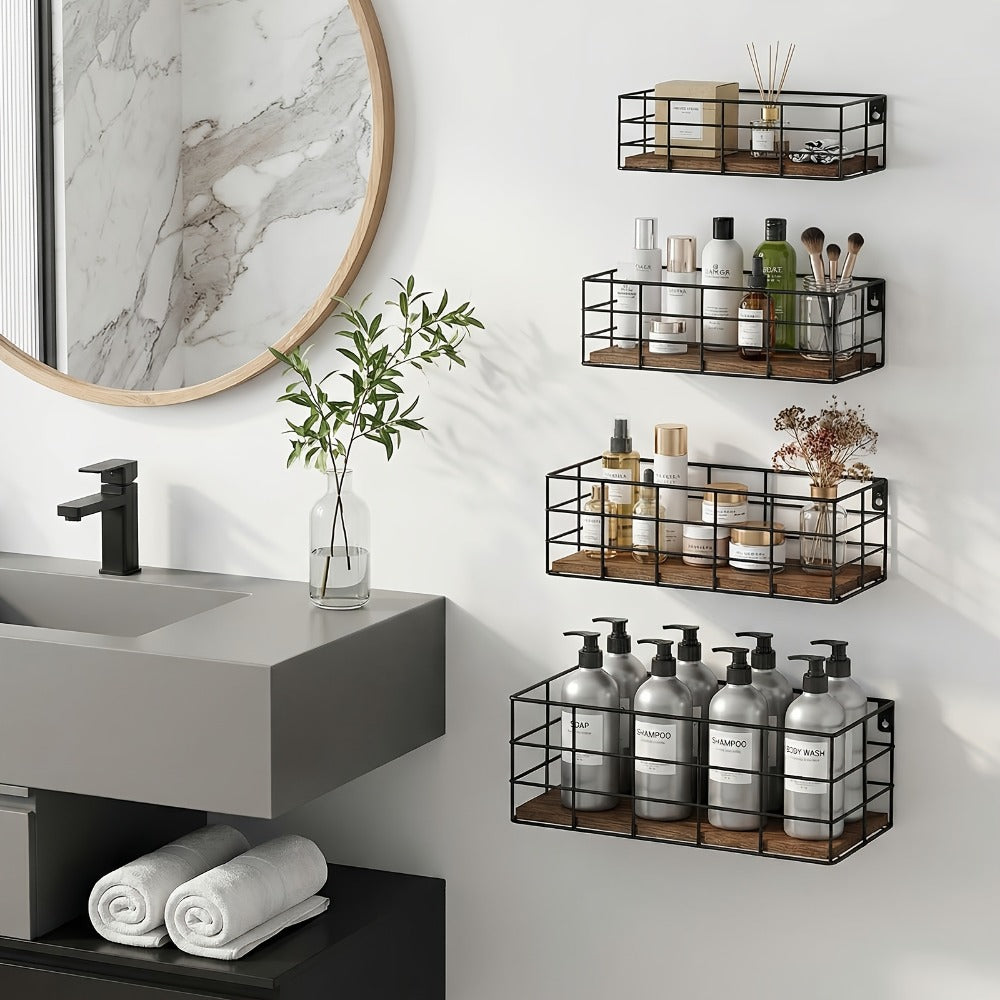 Wire Basket Wall Shelf Set with Wood-Look Bases and Four-Piece or Six-Piece Size Assortments