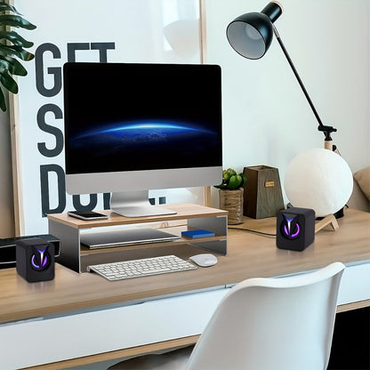USB Powered Computer Speakers 2.0 Mini Stereo Desk Audio System with RGB Lights, Volume Control, 3.5mm AUX Input, HiFi Sound for PC, Laptop, Tablet & Phone — Plug and Play, No Driver Needed