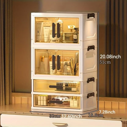 Makeup Storage Cabinet with Transparent Drawers, Stackable Cosmetic Organizer for Vanity, Foldable Plastic Skincare Storage Box, Retro White Gold Design, Desk Organizer for Bedroom Home