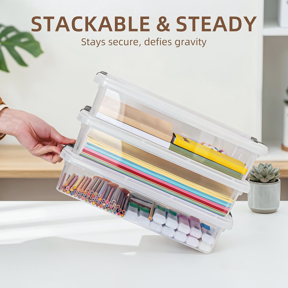 Five-Piece Clear Storage Box Set with Latching Lids, Stackable Low-Profile Design and 13.58-Inch Length