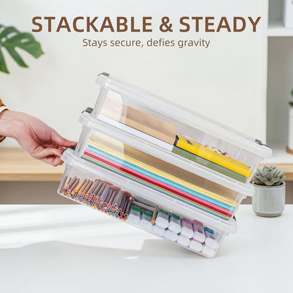 Five-Piece Clear Storage Box Set with Latching Lids, Stackable Low-Profile Design and 13.58-Inch Length