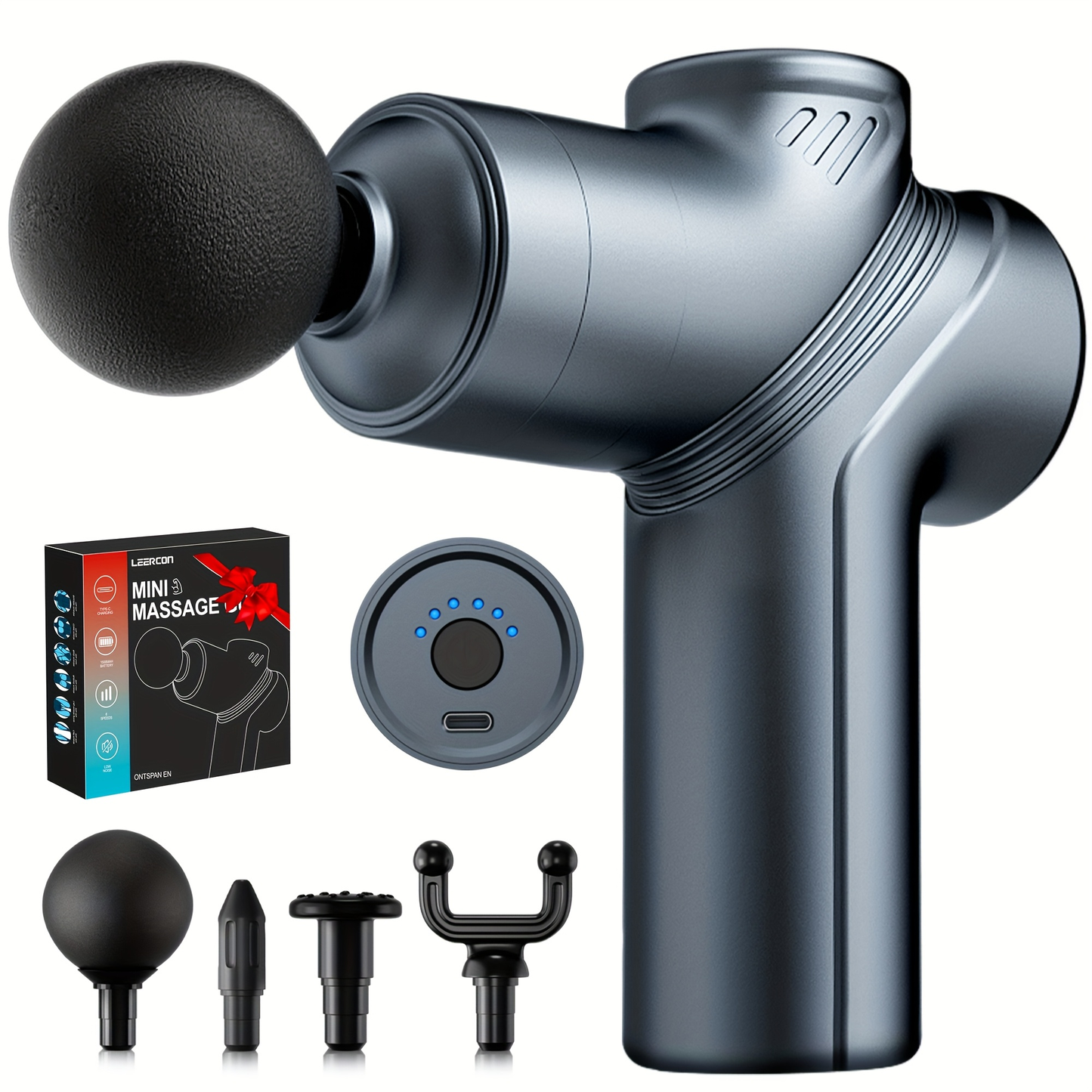 Compact Massage Gun with Six Speed Settings, Four or Eight Interchangeable Heads and Blue or Black Finish Options