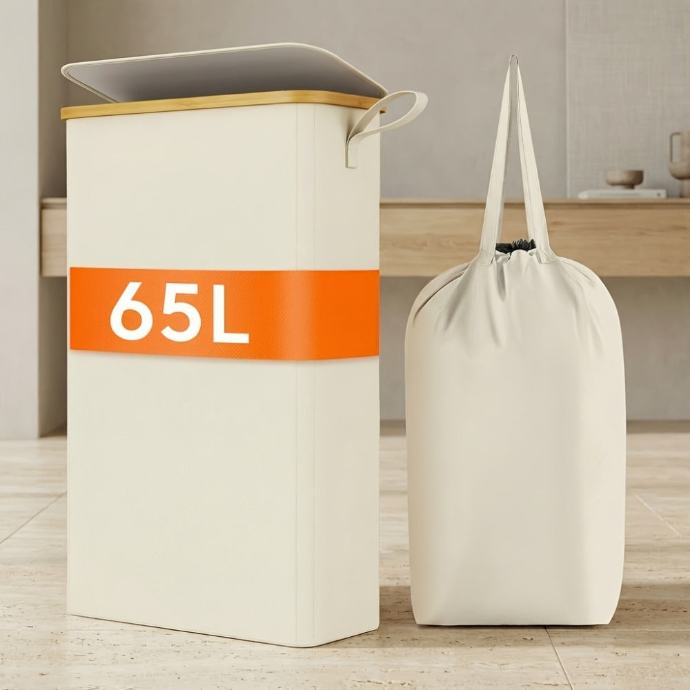 Slim Laundry Hamper with Lid & Removable Bag – Foldable Narrow Clothes Basket with Bamboo Handles for Bathroom, Bedroom & Dorm – 50L / 65L / 75L Space-Saving Collapsible Laundry Bin